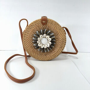 Round Rattan Purse With Seashells Straw Crossbody Leather Strap Coastal Boho